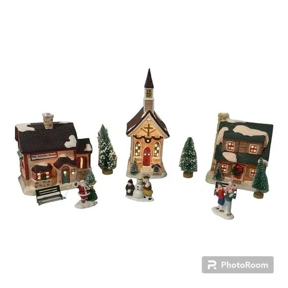 Vintage Christmas Lighted church store and house town set holiday decor - Picture 1 of 11